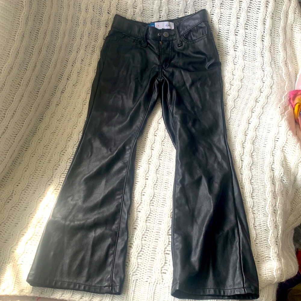 Kids black leather high rise flare pants. Size 8
